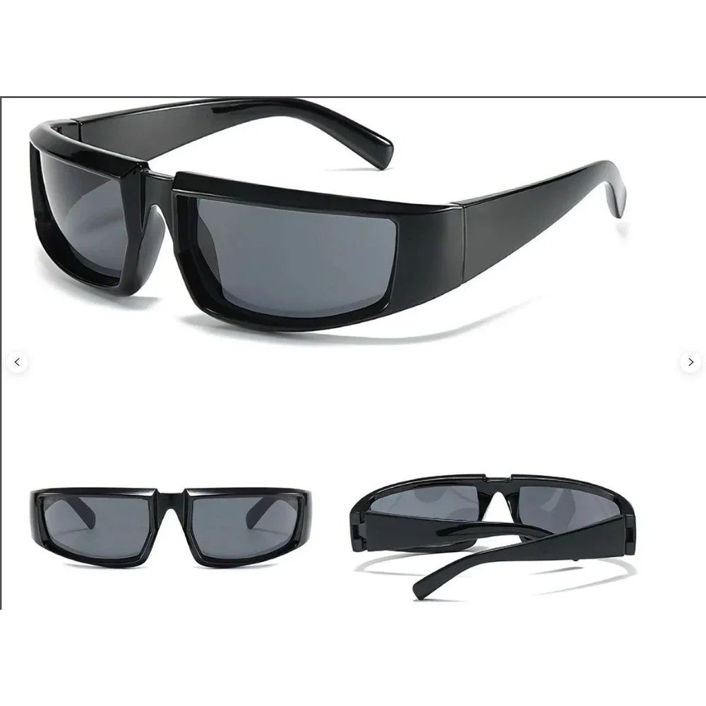 Sunglasses Black Frame Black Lens Street‎ Trendy Wear Shield Wrap Around UV400